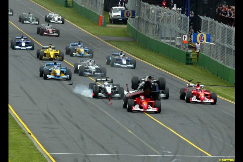 Ralf Schumacher, Williams, becomes airborne after a collision with Rubens barrichello, Ferrari, during the Australian Grand Prix, Round 1.