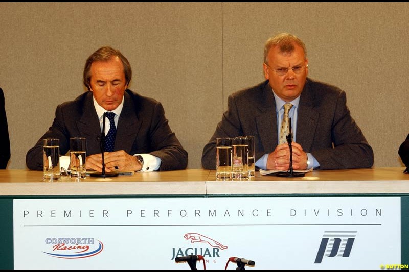 Sir Jackie Stewart and Richard Parry-Jones at the Jaguar Media Briefing. London Landmark Hotel, England. November 26th 2002.