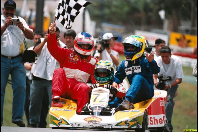 Brazilian Rubens Barrichello joined forces with compatriots Felipe Massa and Tony Kanaan to take his fourth win in the sixth running of Brazil's most important karting event, the 500 Miles of Granja Viana. November 10th 2002.