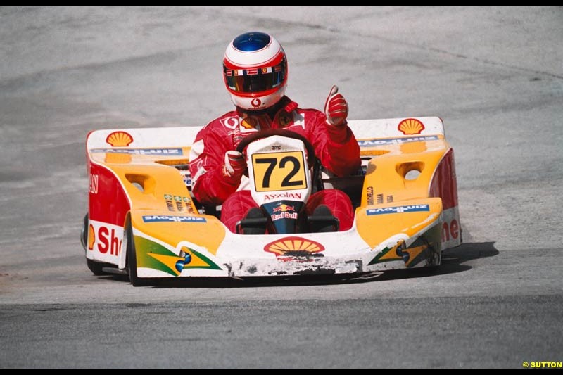 Brazilian Rubens Barrichello joined forces with compatriots Felipe Massa and Tony Kanaan to take his fourth win in the sixth running of Brazil's most important karting event, the 500 Miles of Granja Viana. November 10th 2002.