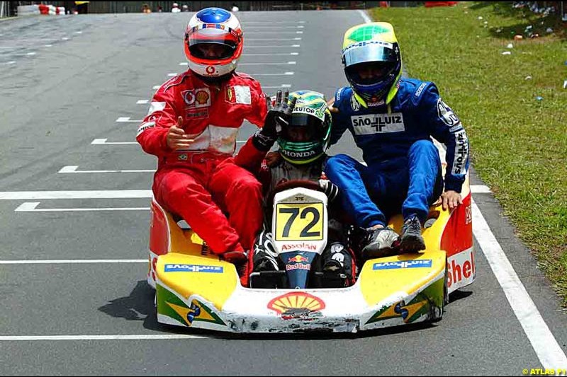 Brazilian Rubens Barrichello joined forces with compatriots Felipe Massa and Tony Kanaan to take his fourth win in the sixth running of Brazil's most important karting event, the 500 Miles of Granja Viana. November 10th 2002.