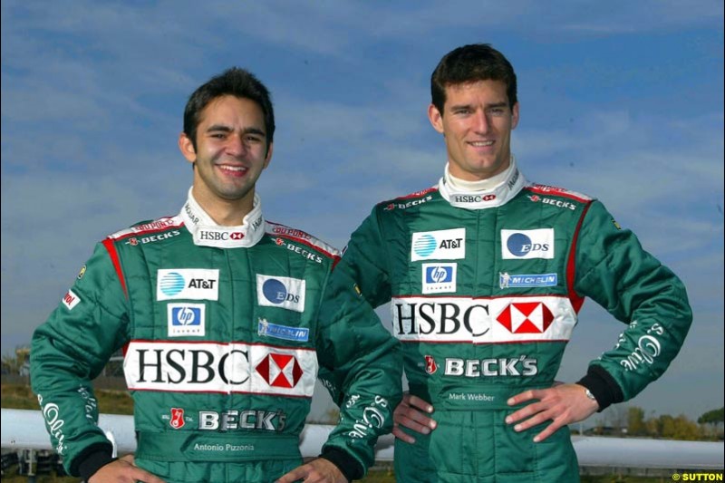 Antonio Pizzonia and Mark Webber, Jaguar, during the second day of testing at Barcelona, Spain. November 27th 2002.