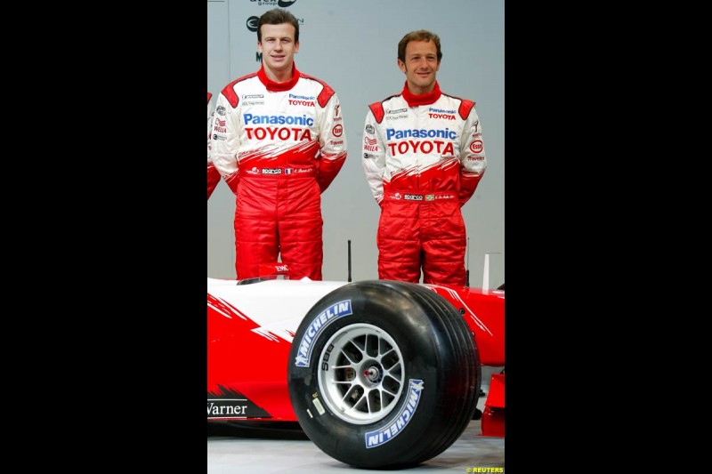 Olivier Panis and Cristiano da Matta. Toyota F1 Launch. Circuit Paul Ricard, Le Castellet, France. January 8th 2003.
