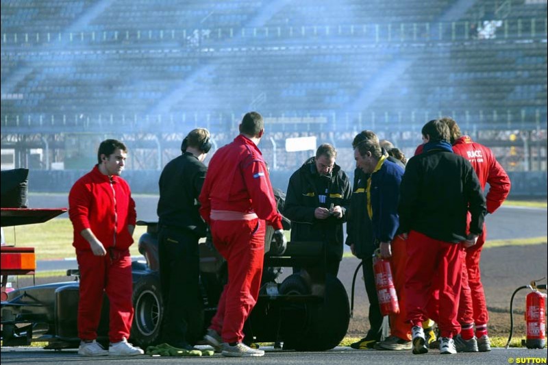 Giancarlo Fisichella's Jordan breaks down during testing at the Circuit de Catalunya. Barcelona, Spain. January 20th 2003.