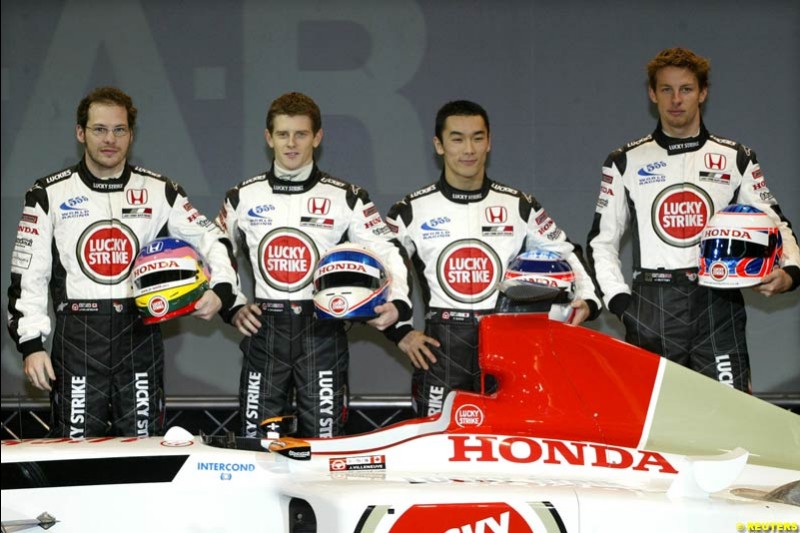 Jacques Villeneuve, Anthony Davidson, Takuma Sato and Jenson Button at the launch of the British American Racing's 2003 car, the BAR-Honda 005. Montjuich Park, Barcelona, Spain. January 14th 2003.