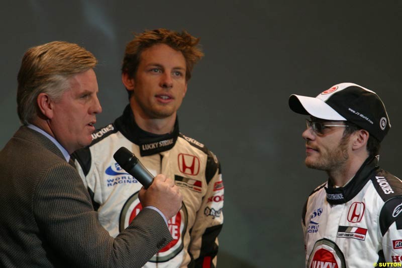Jenson Button and Jacques Villeneuve at the launch of the British American Racing's 2003 car, the BAR-Honda 005. Montjuich Park, Barcelona, Spain. January 14th 2003.