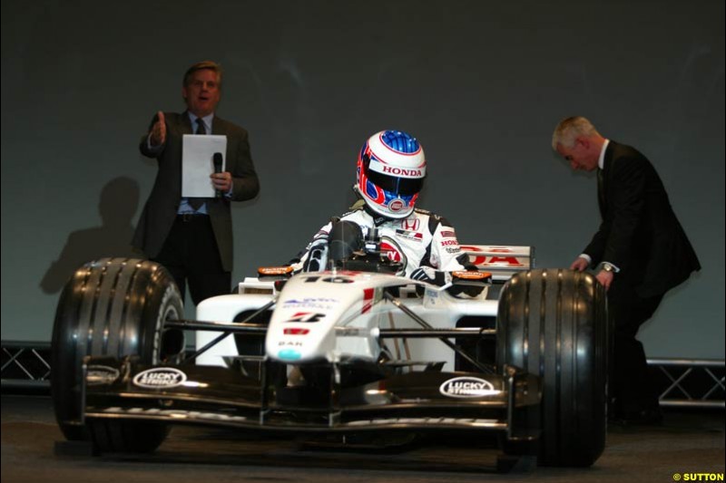 The launch of the British American Racing's 2003 car, the BAR-Honda 005. Montjuich Park, Barcelona, Spain. January 14th 2003. 
