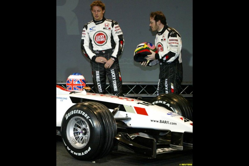 Jenson Button and Jacques Villeneuve at the launch of the British American Racing's 2003 car, the BAR-Honda 005. Montjuich Park, Barcelona, Spain. January 14th 2003.