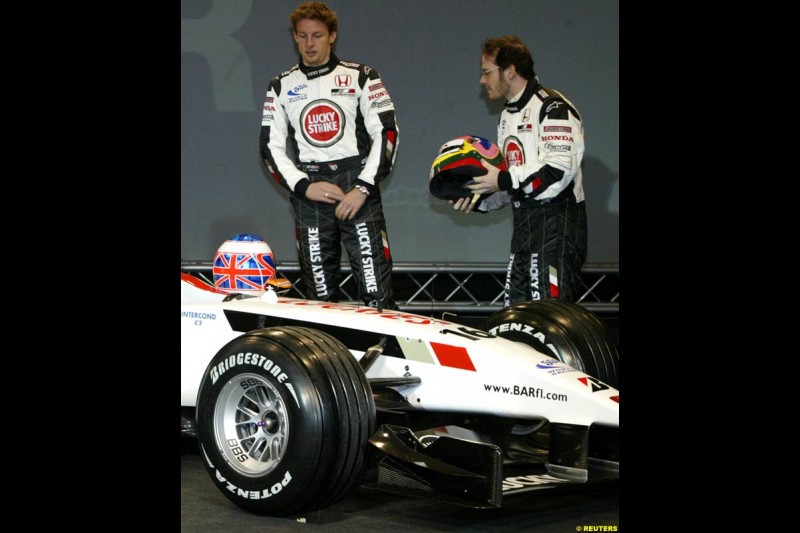 Jenson Button and Jacques Villeneuve at the launch of the British American Racing's 2003 car, the BAR-Honda 005. Montjuich Park, Barcelona, Spain. January 14th 2003.
