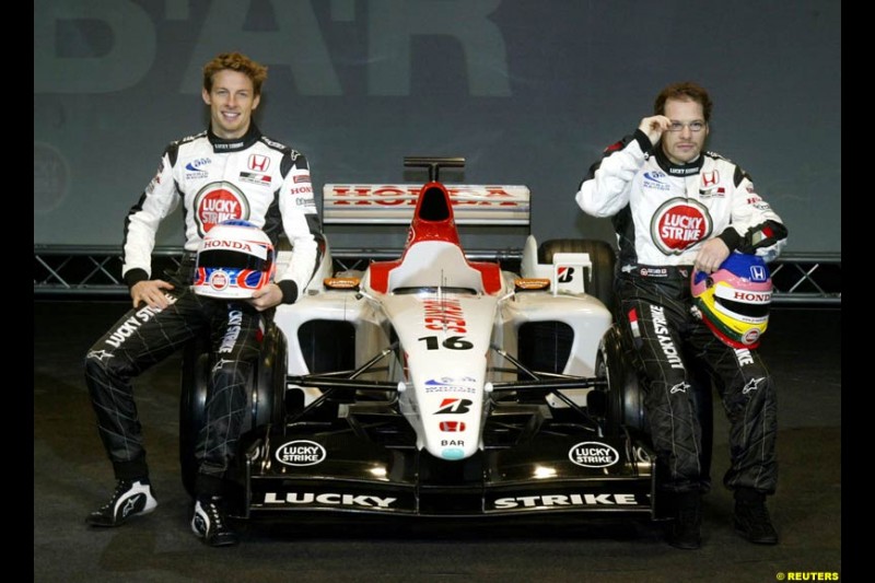 Jenson Button and Jacques Villeneuve at the launch of the British American Racing's 2003 car, the BAR-Honda 005. Montjuich Park, Barcelona, Spain. January 14th 2003.