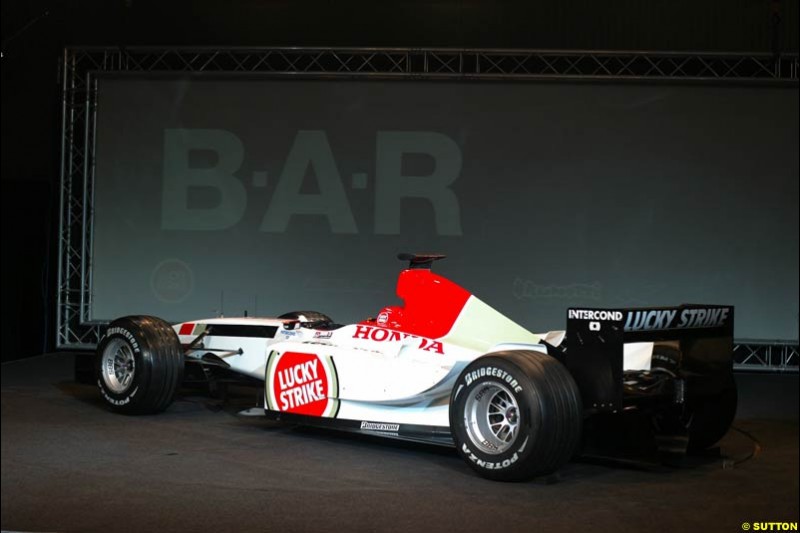 The launch of the British American Racing's 2003 car, the BAR-Honda 005. Montjuich Park, Barcelona, Spain. January 14th 2003.
