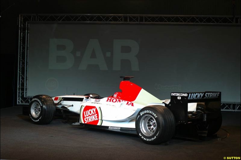 The launch of the British American Racing's 2003 car, the BAR-Honda 005. Montjuich Park, Barcelona, Spain. January 14th 2003.