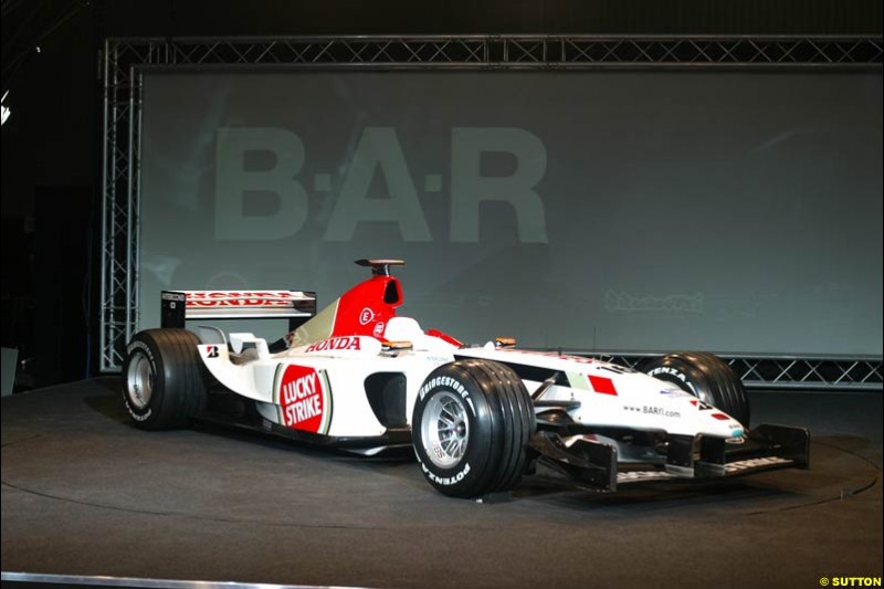 The launch of the British American Racing's 2003 car, the BAR-Honda 005. Montjuich Park, Barcelona, Spain. January 14th 2003.