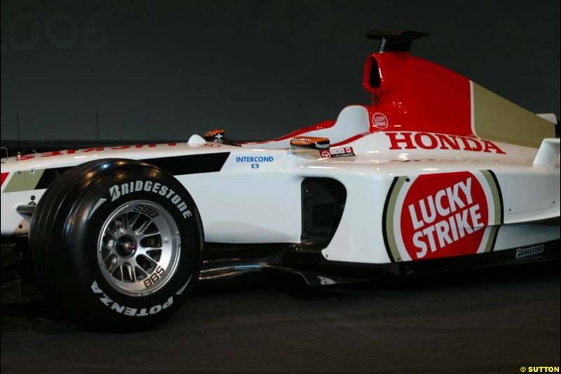 The launch of the British American Racing's 2003 car, the BAR-Honda 005. Montjuich Park, Barcelona, Spain. January 14th 2003.