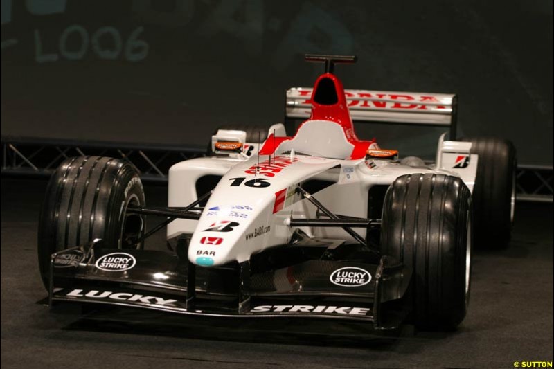 The launch of the British American Racing's 2003 car, the BAR-Honda 005. Montjuich Park, Barcelona, Spain. January 14th 2003.