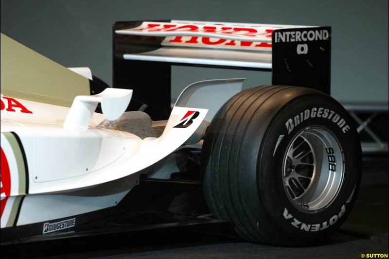 The launch of the British American Racing's 2003 car, the BAR-Honda 005. Montjuich Park, Barcelona, Spain. January 14th 2003.