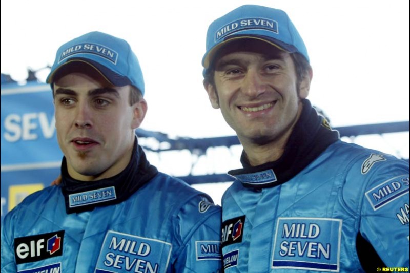 Fernando Alonso and Jarno Trulli. The 2003 Renault challenger, the R23, unveiled in Lucerne, Switzerland. January 20th 2003.