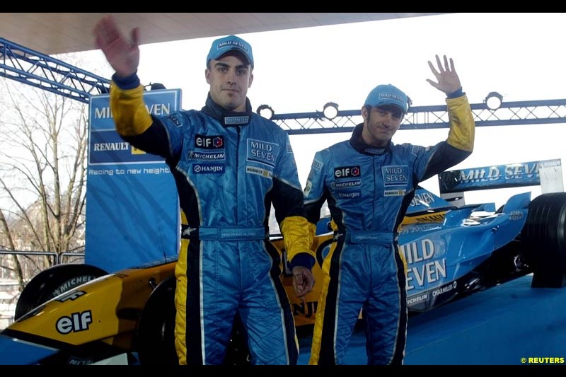 Fernando Alonso and Jarno Trulli. The 2003 Renault challenger, the R23, unveiled in Lucerne, Switzerland. January 20th 2003.