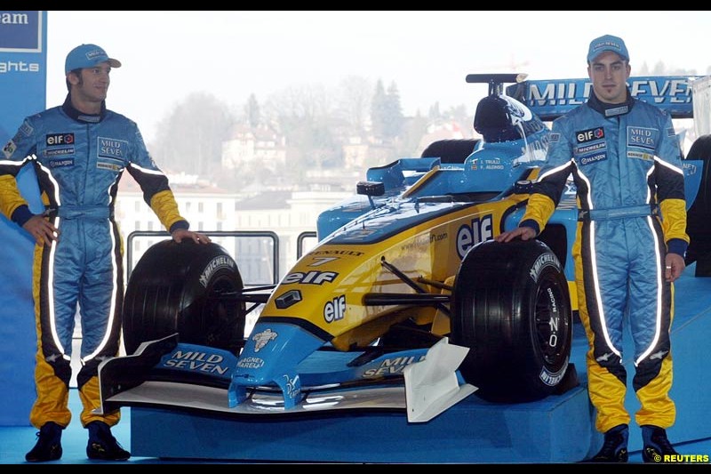 Fernando Alonso and Jarno Trulli. The 2003 Renault challenger, the R23, unveiled in Lucerne, Switzerland. January 20th 2003.