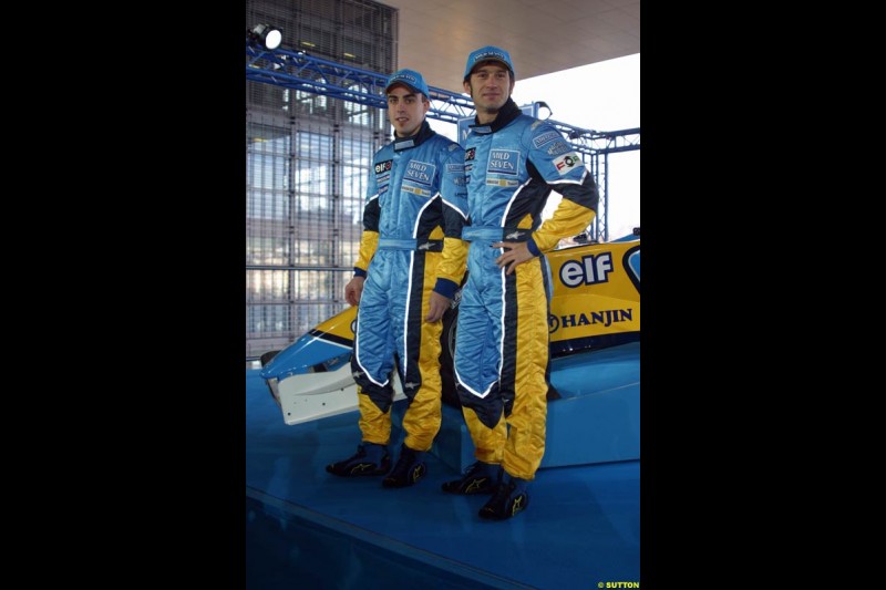 Fernando Alonso and Jarno Trulli. The 2003 Renault challenger, the R23, unveiled in Lucerne, Switzerland. January 20th 2003.