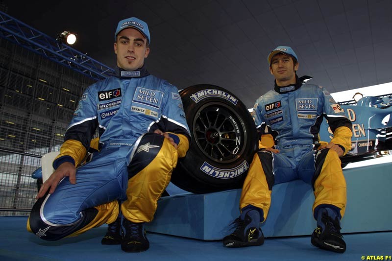 Fernando Alonso and Jarno Trulli. The 2003 Renault challenger, the R23, unveiled in Lucerne, Switzerland. January 20th 2003.