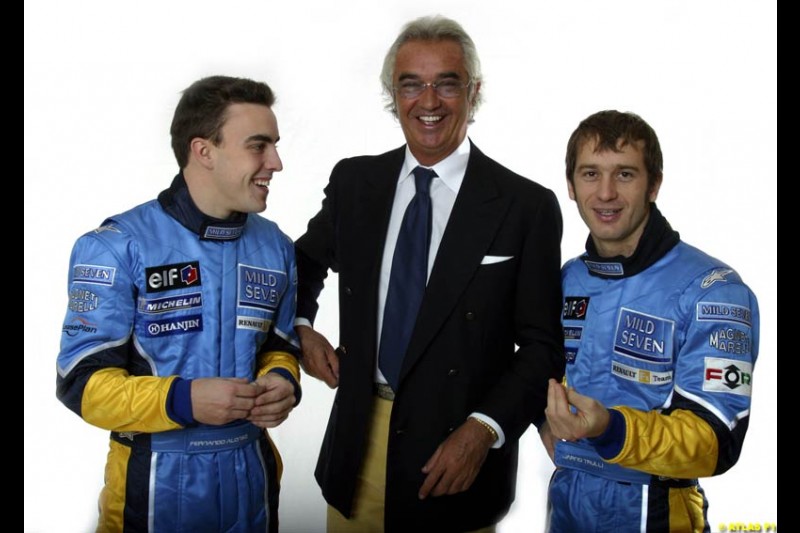 Fernando Alonso, Flavio Briatore and Jarno Trulli. The 2003 Renault challenger, the R23, unveiled in Lucerne, Switzerland. January 20th 2003.
