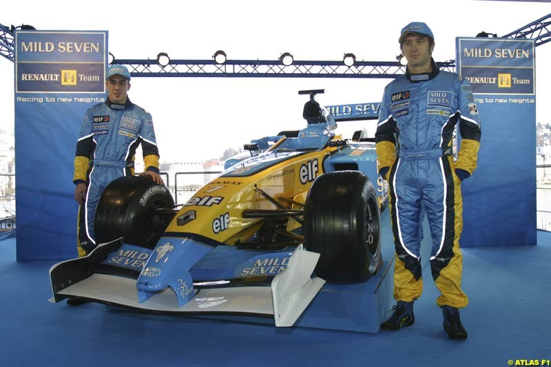 Fernando Alonso and Jarno Trulli. The 2003 Renault challenger, the R23, unveiled in Lucerne, Switzerland. January 20th 2003.