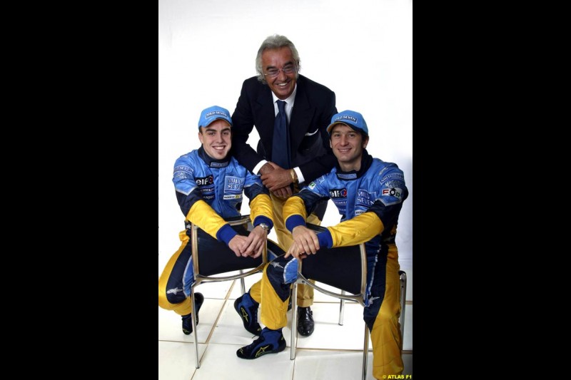 Fernando Alonso, Flavio Briatore and Jarno Trulli. The 2003 Renault challenger, the R23, unveiled in Lucerne, Switzerland. January 20th 2003.
