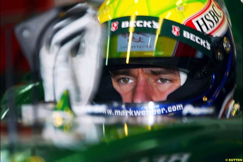 Mark Webber, Jaguar, during testing at the Ricardo Tormo circuit. Valencia, Spain. 13th February, 2003.