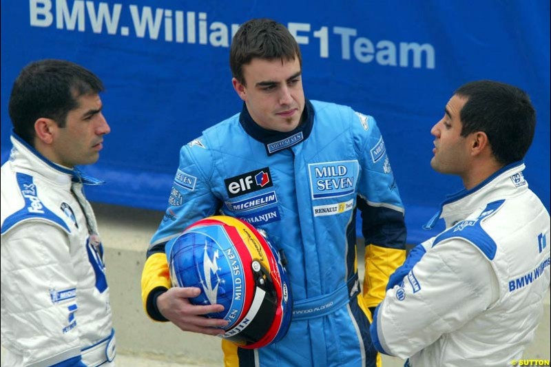 Marc Gene, Fernando Alonso and Juan Pablo Montoya, at the Ricardo Tormo circuit. Valencia, Spain. 12th February, 2003.