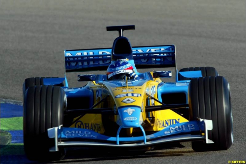 Fernando Alonso, Renault, during testing at the Ricardo Tormo circuit. Valencia, Spain. 11th February, 2003.