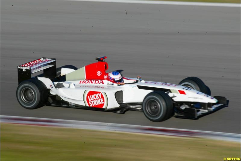 Jenson Button, BAR, at the Circuit de Catalunya. Formula One Testing, Barcelona, Spain, 4 February 2003.