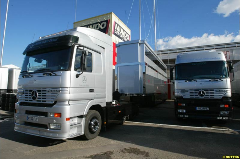 The McLaren team have new trucks. Formula One Testing, Barcelona, Spain, 4 February 2003.