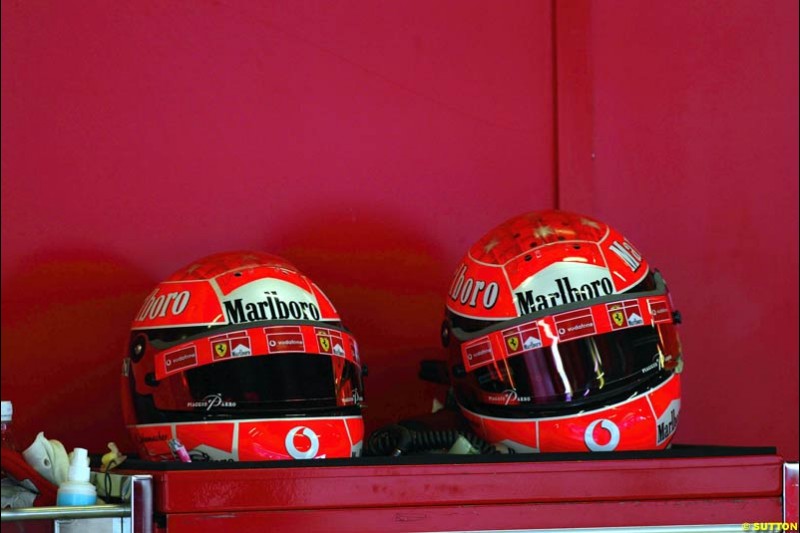 Michael Schumacher's helmets. Formula One Testing, Barcelona, Spain, 4 February 2003.