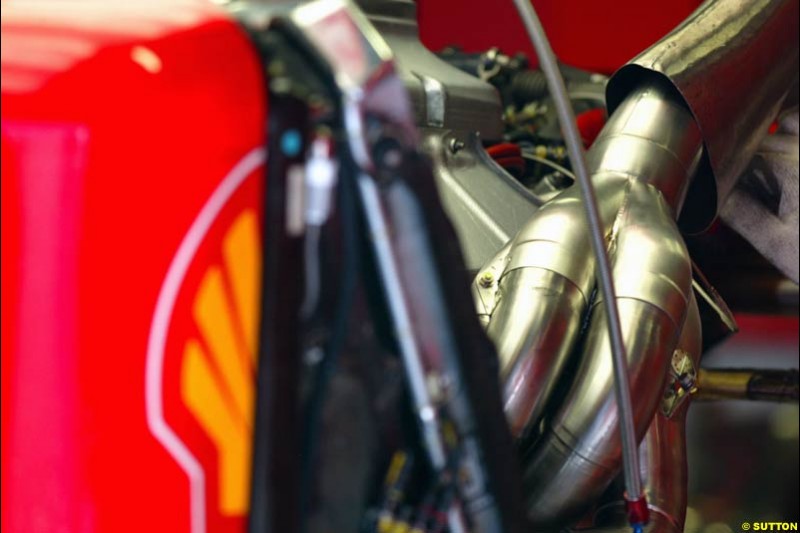 Ferrari F2002 exhaust detail. Formula One Testing, Barcelona, Spain, 4 February 2003.