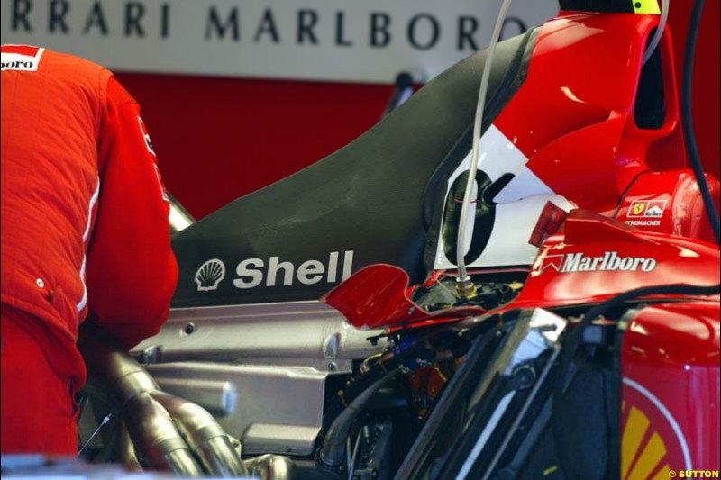 Under the Ferrari F2002 engine cover. Formula One Testing, Barcelona, Spain, 4 February 2003.