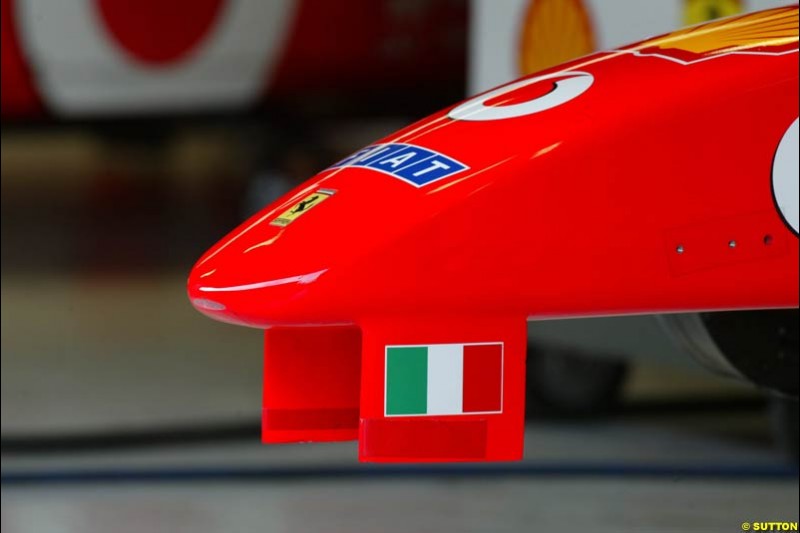 A Ferrari nose during testing at the Circuit de Catalunya. Barcelona, Spain. February 3rd, 2003.