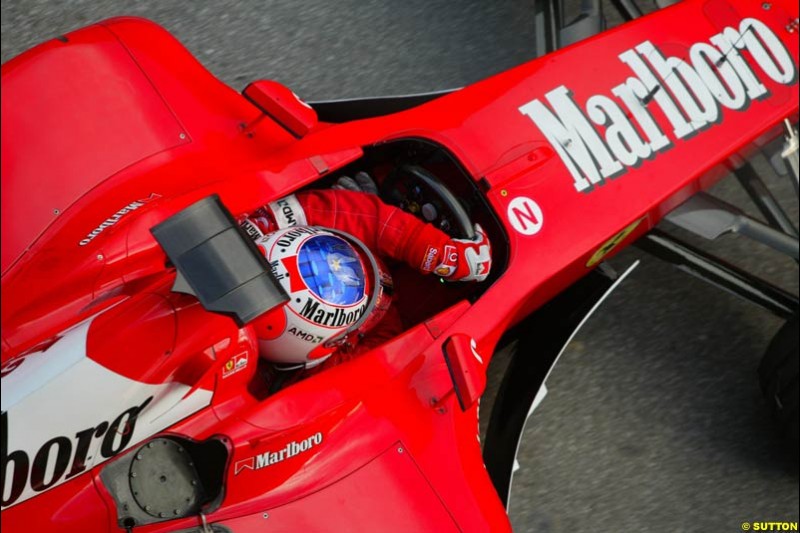 Rubens Barrichello, Ferrari, during testing at the Circuit de Catalunya. Barcelona, Spain. February 3rd, 2003.
