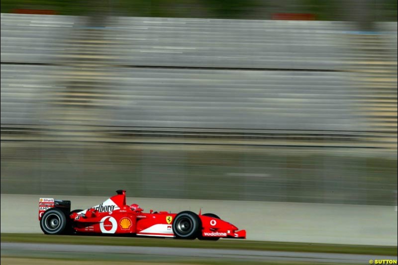 Michael Schumacher, Ferrari, during testing at the Circuit de Catalunya. Barcelona, Spain. February 3rd, 2003.