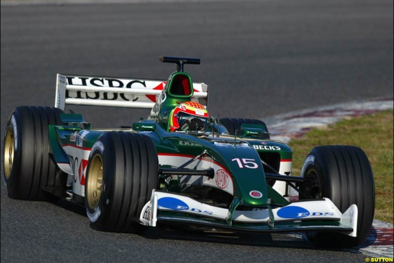 Antonio Pizzonia, Jaguar, during testing at the Circuit de Catalunya. Barcelona, Spain. February 3rd, 2003.