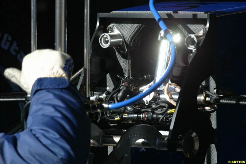 Detail of the Sauber C22 during testing at the Circuit de Catalunya. Barcelona, Spain. February 3rd, 2003.