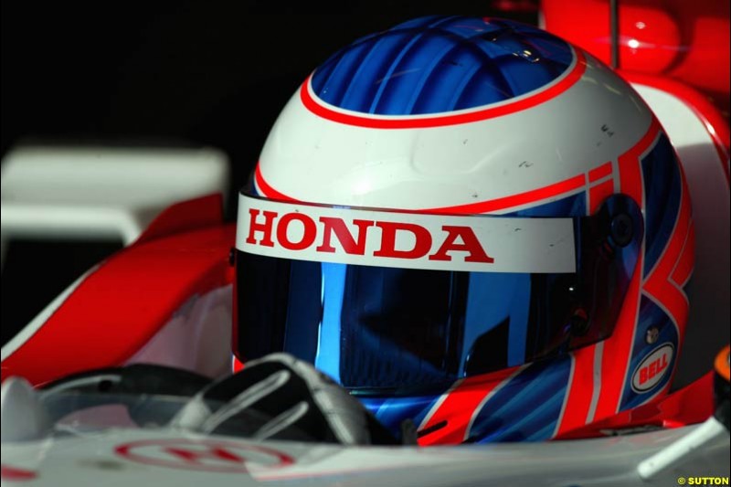 Jenson Button, BAR, during testing at the Circuit de Catalunya. Barcelona, Spain. February 3rd, 2003.