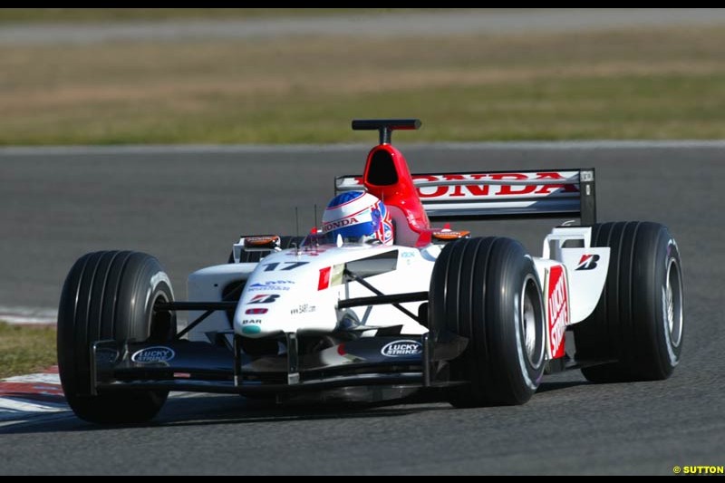 Jenson Button, BAR, during testing at the Circuit de Catalunya. Barcelona, Spain. February 1st-5th, 2003.