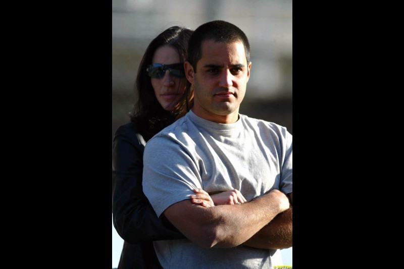 Juan Pablo Montoya, Williams, stands with wife Connie, during testing at the Circuit de Catalunya. Barcelona, Spain. February 1st-5th, 2003.