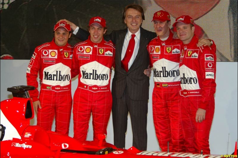 Felipe Massa, Luca Badoer, Luca di Montezemolo, Michael Schumacher, Rubens Barrichello. Ferrari launch the 2003 challenger, the F2003-GA, at Maranello, Italy. February 7th 2003.