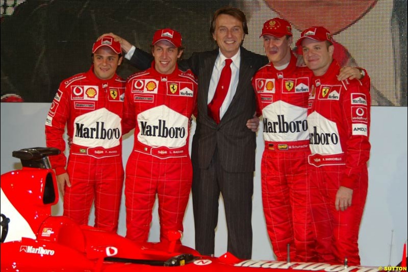 Felipe Massa, Luca Badoer, Luca di Montezemolo, Michael Schumacher, Rubens Barrichello. Ferrari launch the 2003 challenger, the F2003-GA, at Maranello, Italy. February 7th 2003.
