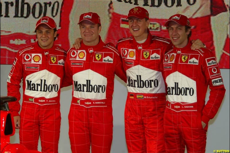 Felipe Massa, Rubens Barrichello, Michael Schumacher, Luca Badoer. Ferrari launch the 2003 challenger, the F2003-GA, at Maranello, Italy. February 7th 2003.