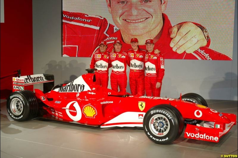 Ferrari launch the 2003 challenger, the F2003-GA, at Maranello, Italy. February 7th 2003.