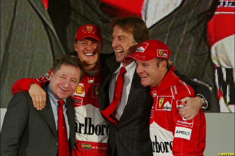 Jean Todt, Michael Schumacher, Luca di Montezemolo, Rubens Barrichello. Ferrari launch the 2003 challenger, the F2003-GA, at Maranello, Italy. February 7th 2003.
