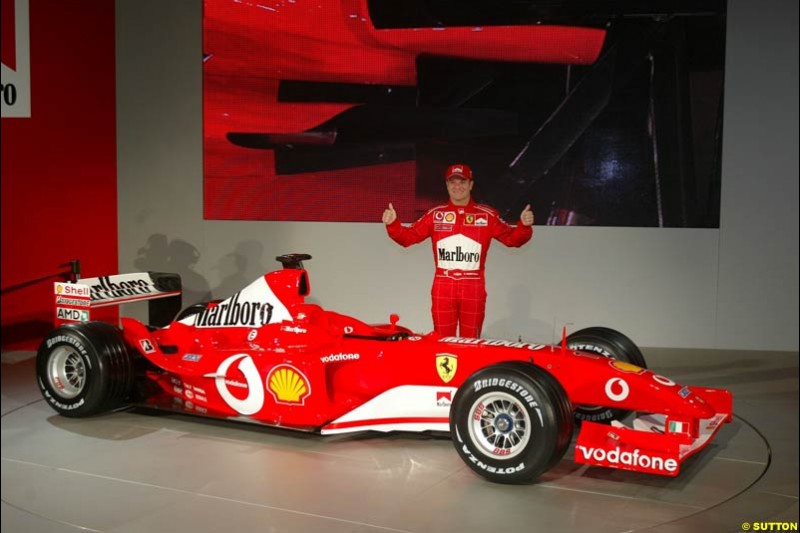 Rubens Barrichello. Ferrari launch the 2003 challenger, the F2003-GA, at Maranello, Italy. February 7th 2003.